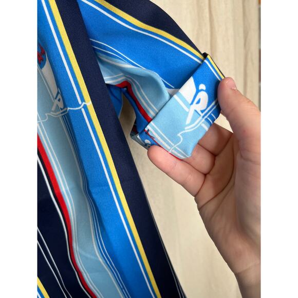 1970s Lady Arrow Nautical Stripe Patriotic Coastal Sailboat Open Collar Shirt M - Picture 4 of 5